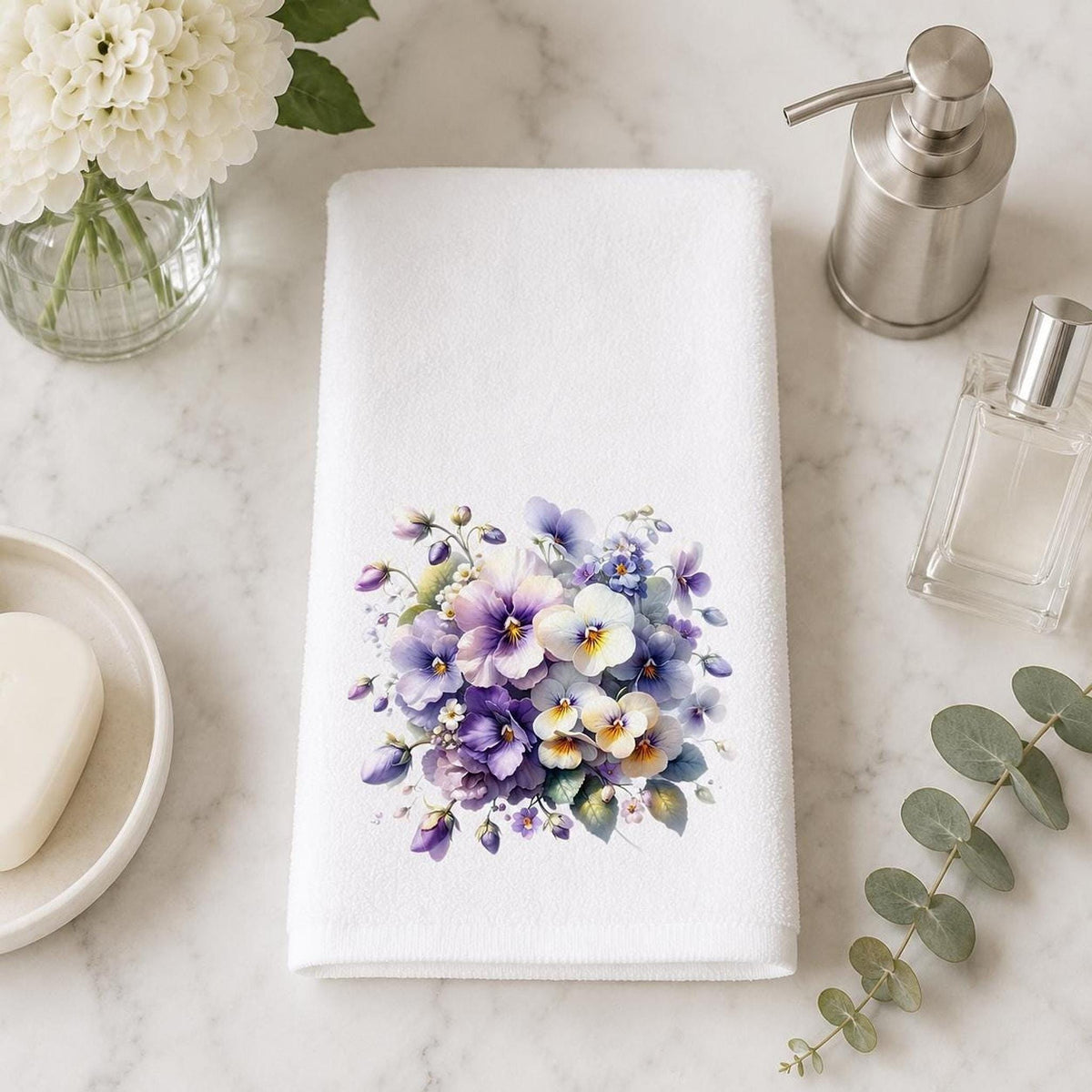 Pansy Hand Towel, Floral Bathroom Decor with Sublimation Design