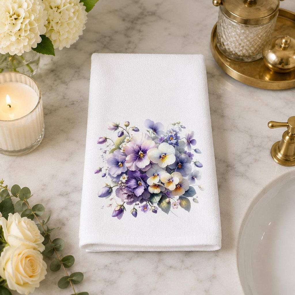 Pansy Hand Towel, Floral Bathroom Decor with Sublimation Design