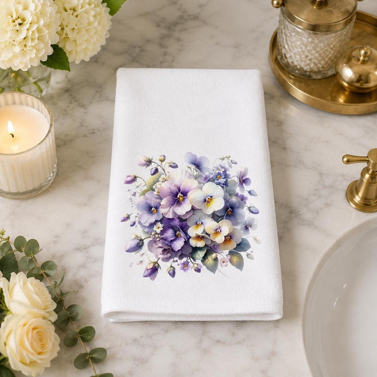 Pansy Hand Towel, Floral Bathroom Decor with Sublimation Design