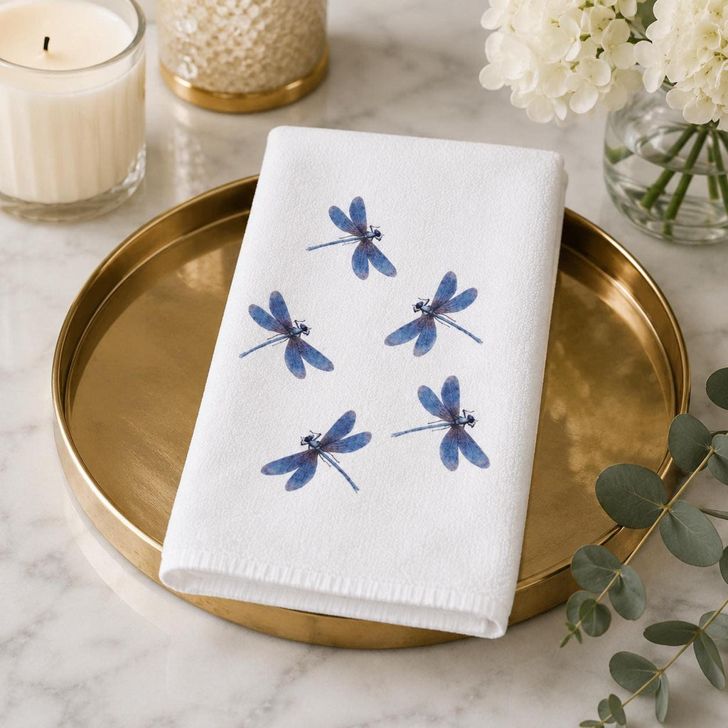 Dragonfly Hand Towel, Blue Watercolor Design on Soft White Fabric