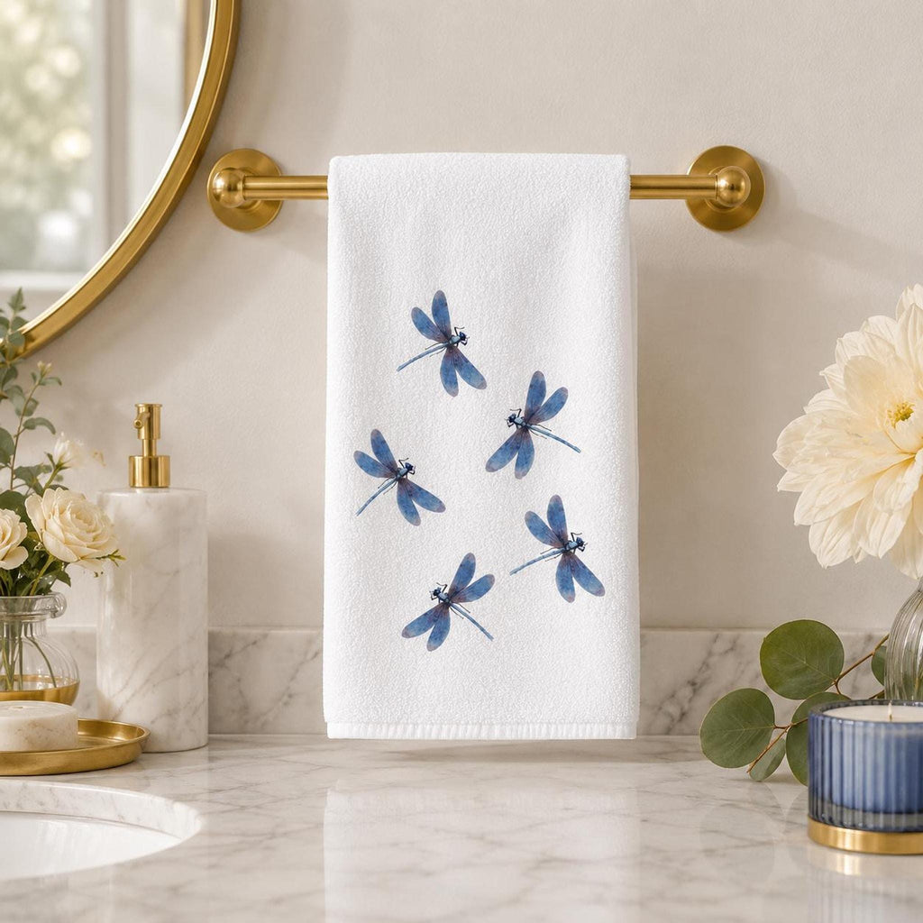 Dragonfly Hand Towel, Blue Watercolor Design on Soft White Fabric