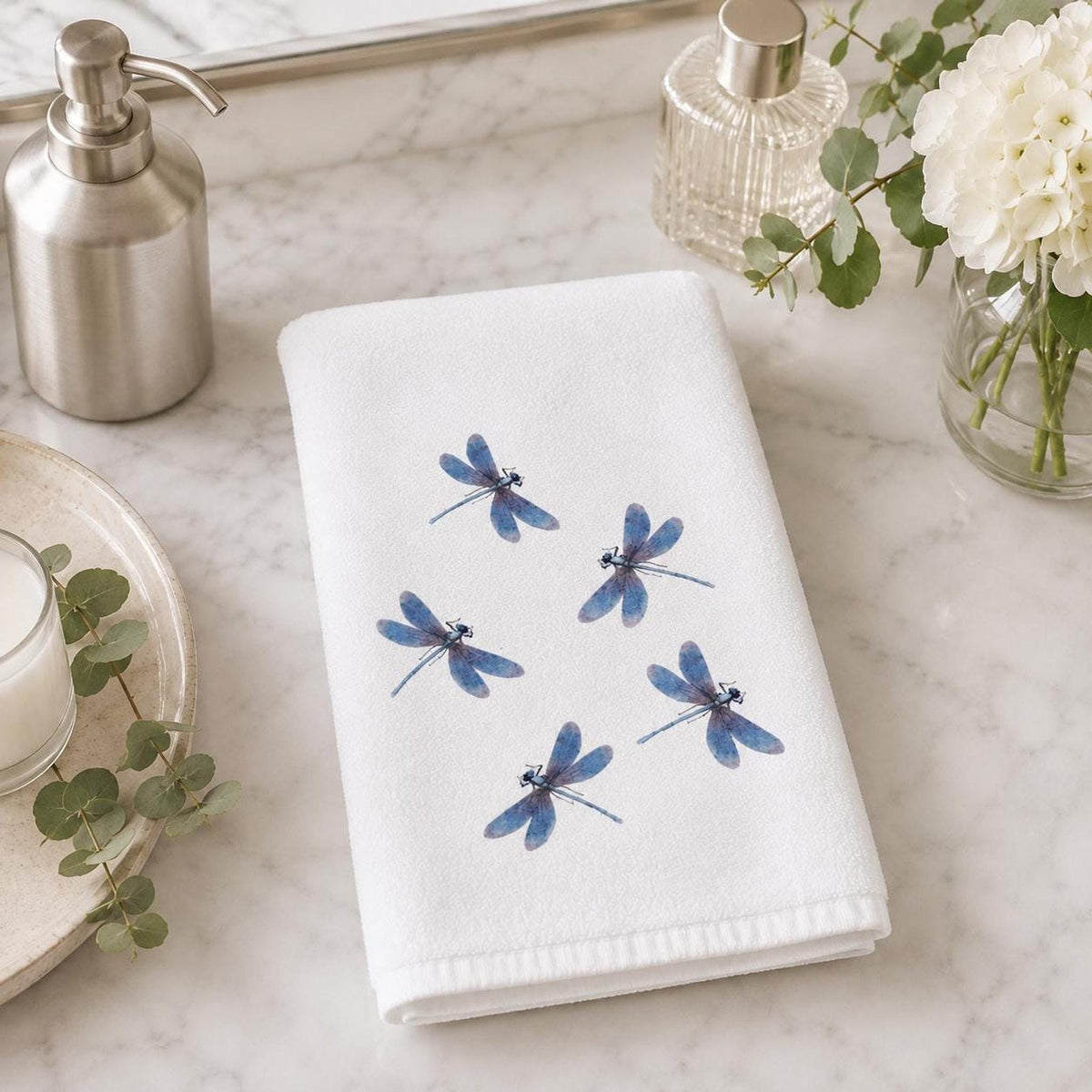 Dragonfly Hand Towel, Blue Watercolor Design on Soft White Fabric
