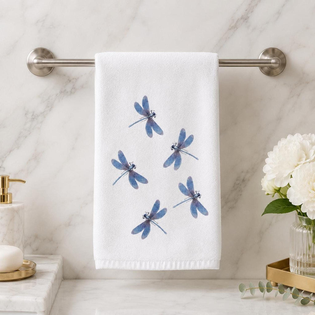 Dragonfly Hand Towel, Blue Watercolor Design on Soft White Fabric