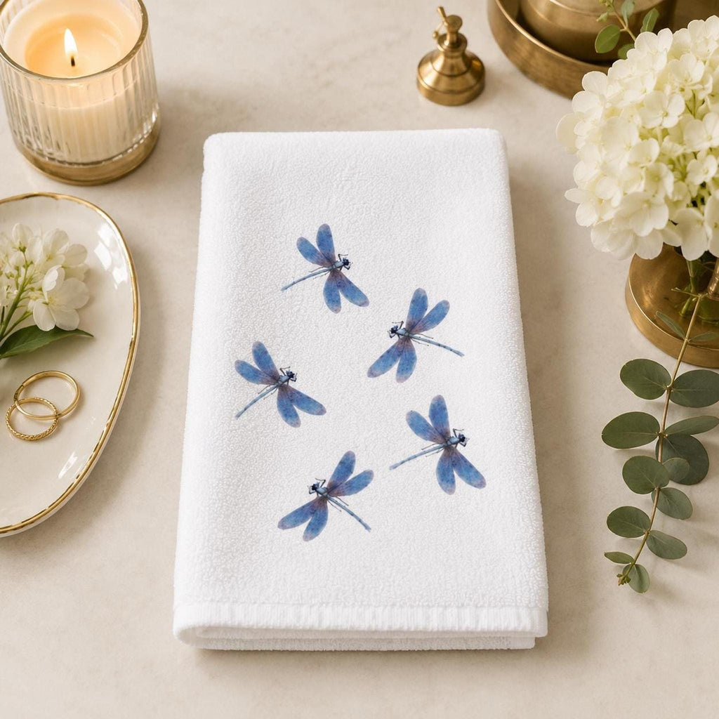 Dragonfly Hand Towel, Blue Watercolor Design on Soft White Fabric