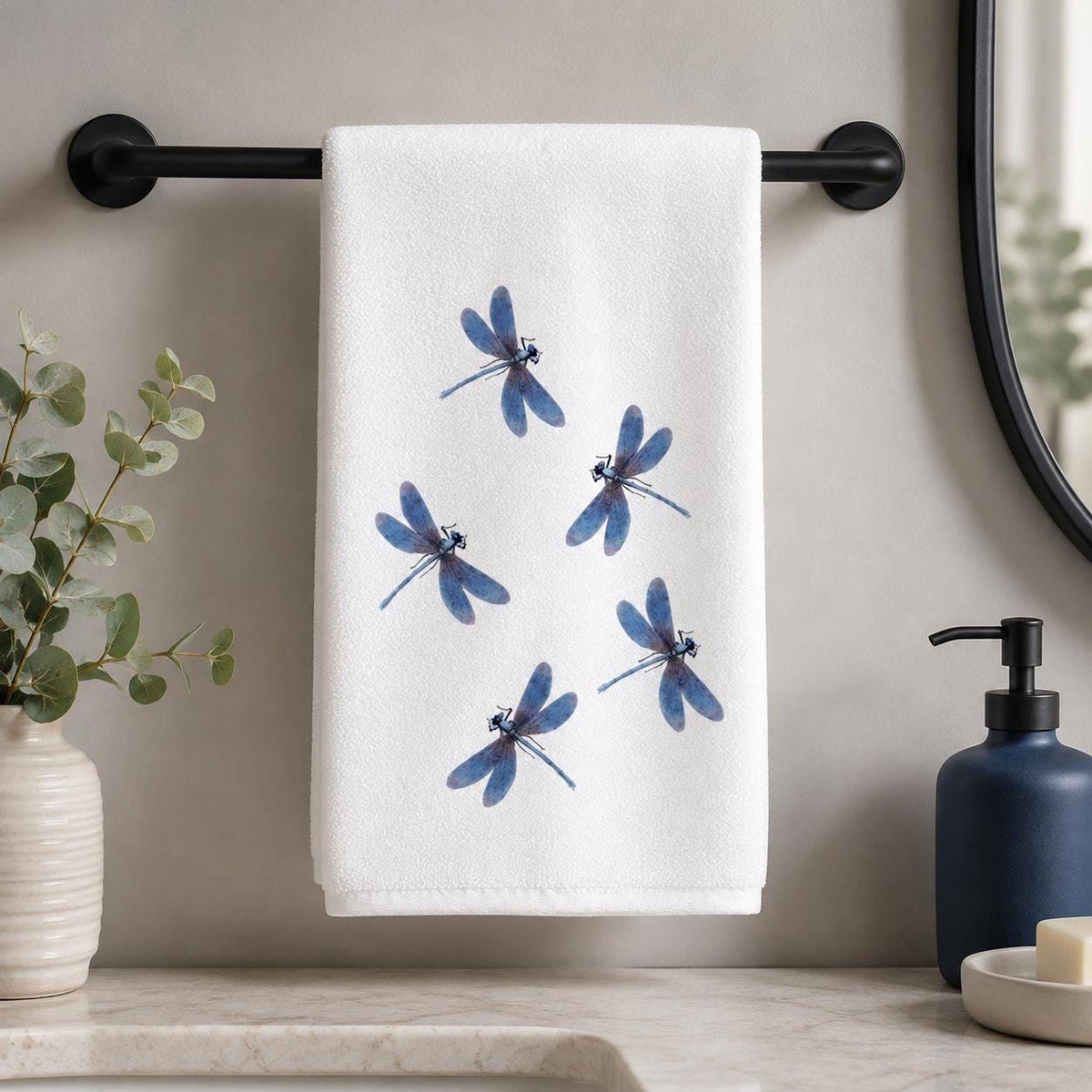 Dragonfly Hand Towel, Blue Watercolor Design on Soft White Fabric