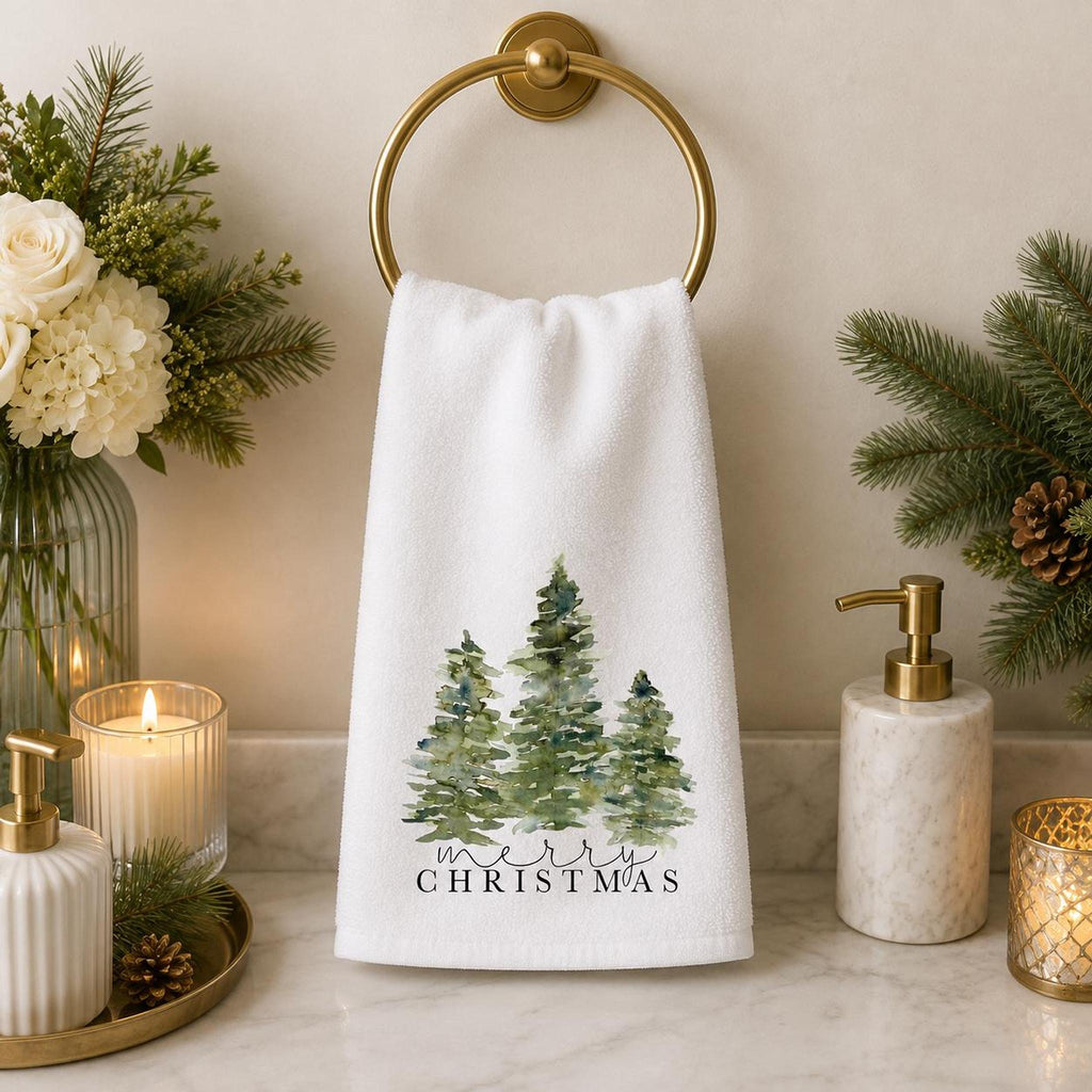 Tree Hand Towel, Merry Christmas Design with Watercolor Evergreens