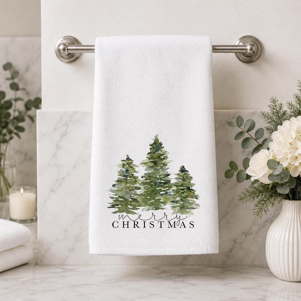 Tree Hand Towel, Merry Christmas Design with Watercolor Evergreens