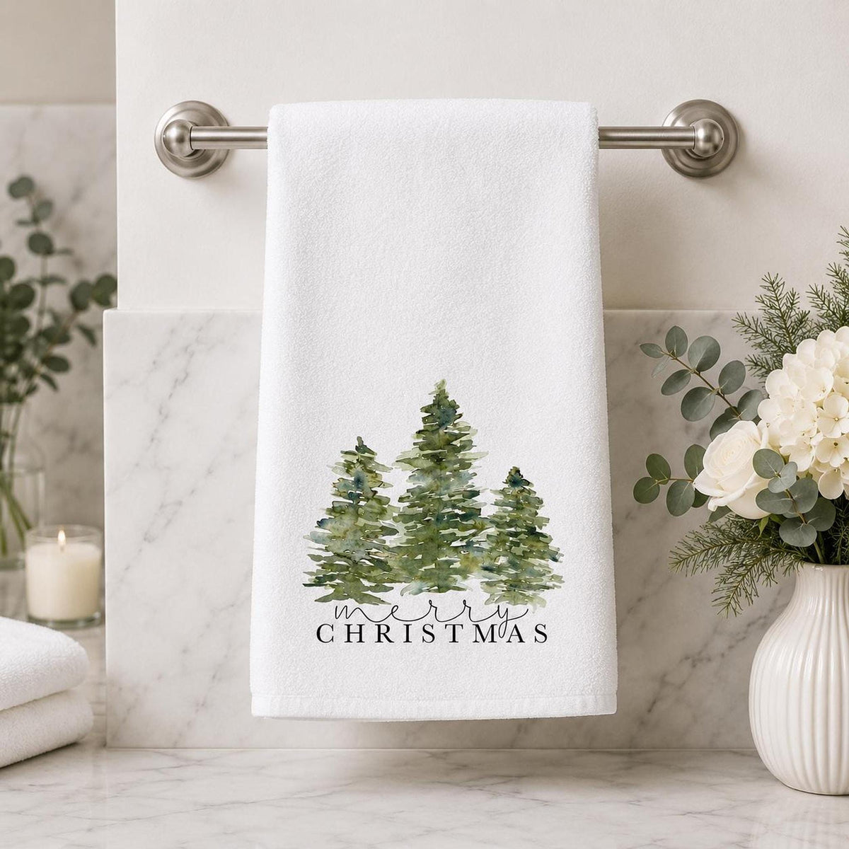 Tree Hand Towel, Merry Christmas Design with Watercolor Evergreens