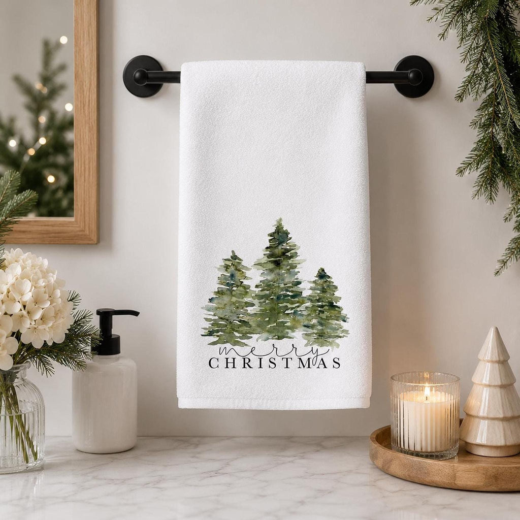 Tree Hand Towel, Merry Christmas Design with Watercolor Evergreens