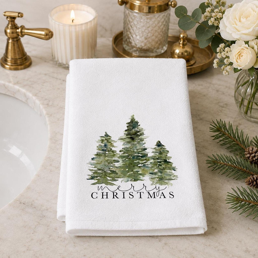 Tree Hand Towel, Merry Christmas Design with Watercolor Evergreens