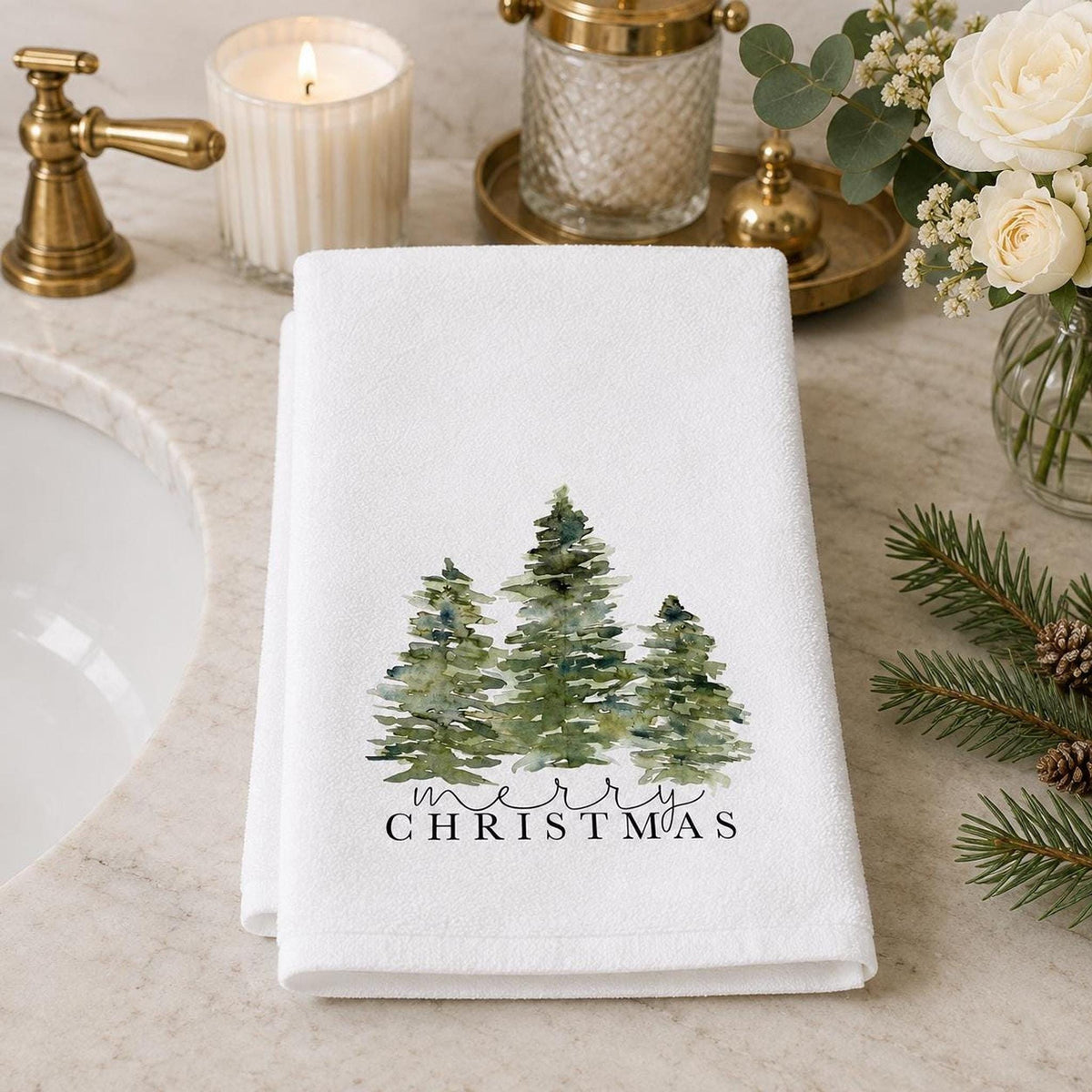 Tree Hand Towel, Merry Christmas Design with Watercolor Evergreens