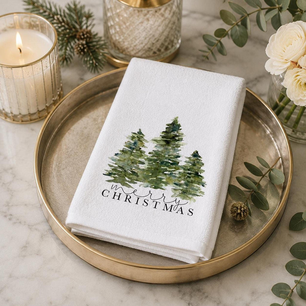 Tree Hand Towel, Merry Christmas Design with Watercolor Evergreens