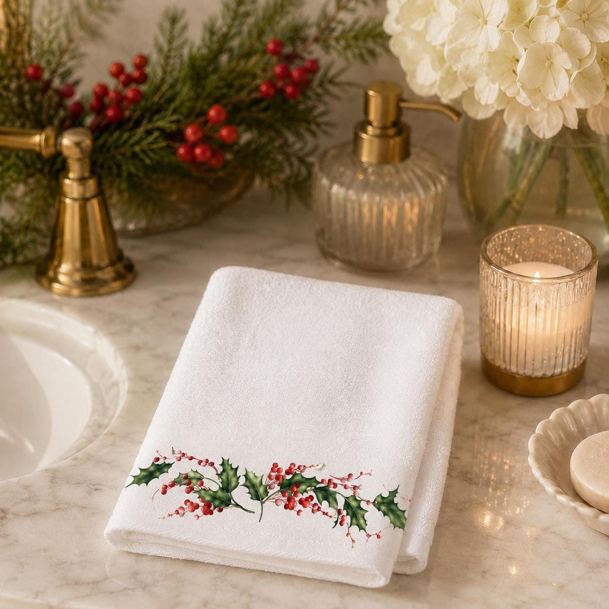 Christmas Towels with Holly Border, Elegant Fingertip for Holiday Decor