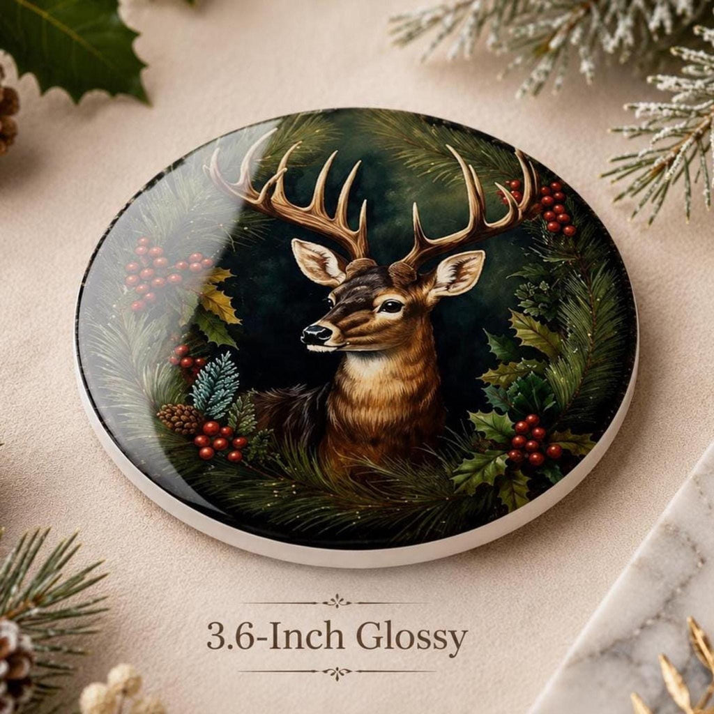 Holiday Deer Coaster, Ceramic Christmas Desk Decor with Cork Backing