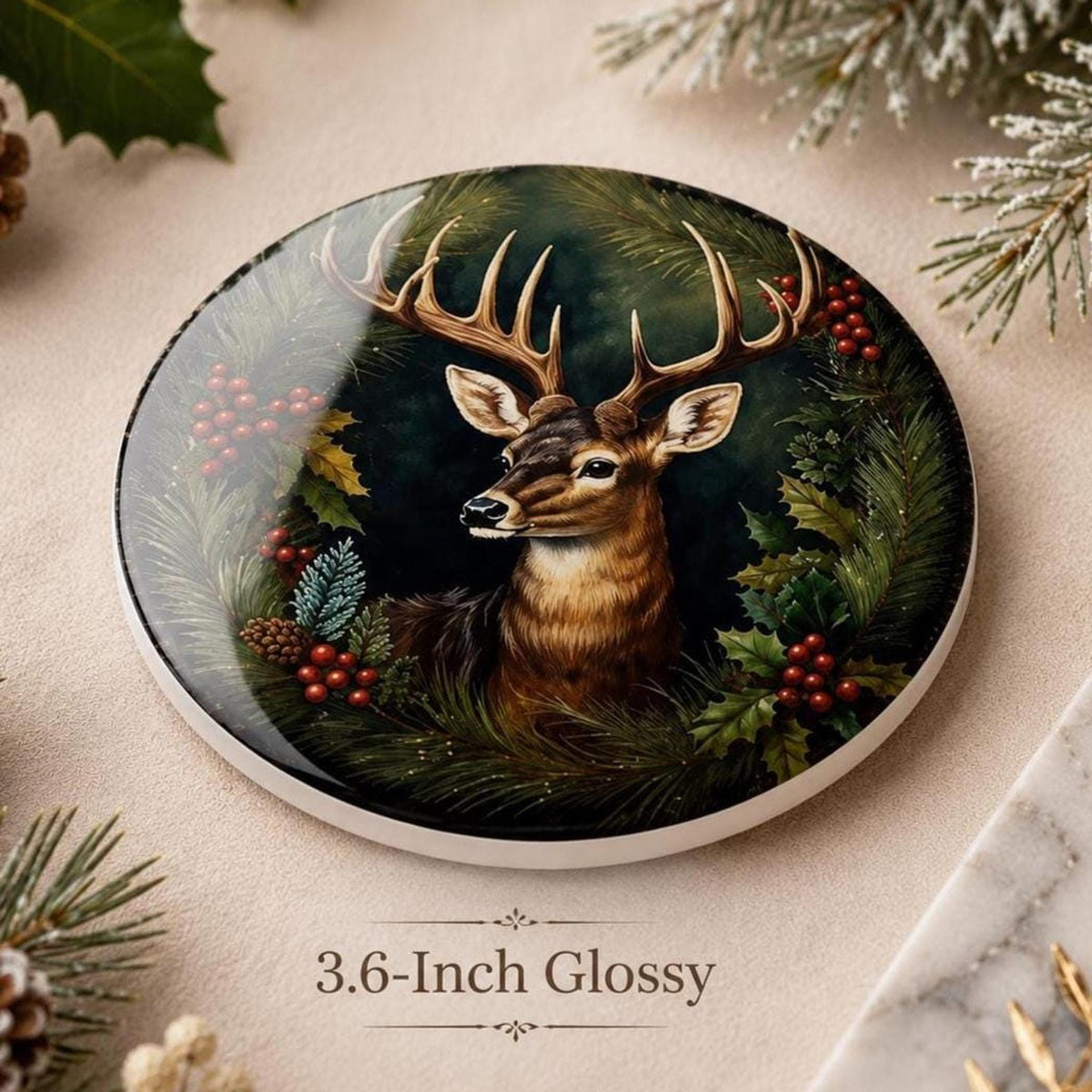 Holiday Deer Coaster, Ceramic Christmas Desk Decor with Cork Backing