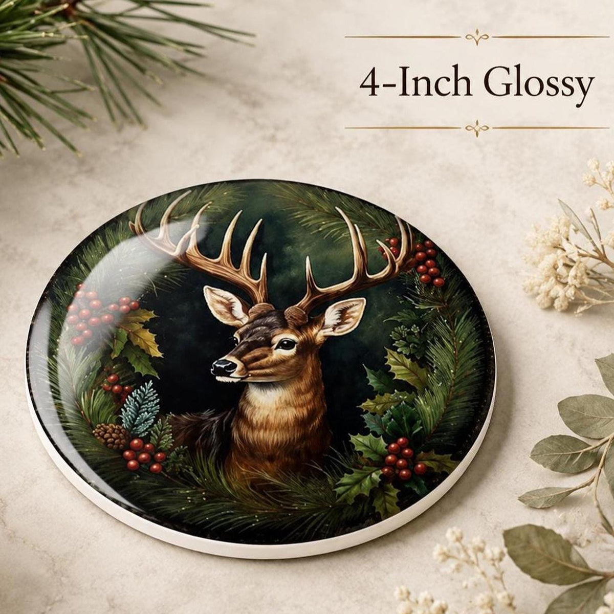 Holiday Deer Coaster, Ceramic Christmas Desk Decor with Cork Backing