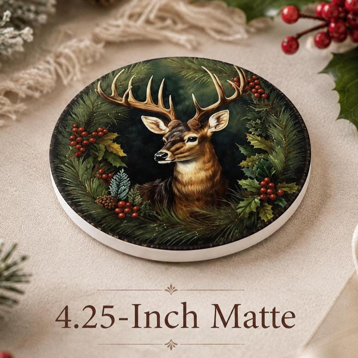 Holiday Deer Coaster, Ceramic Christmas Desk Decor with Cork Backing