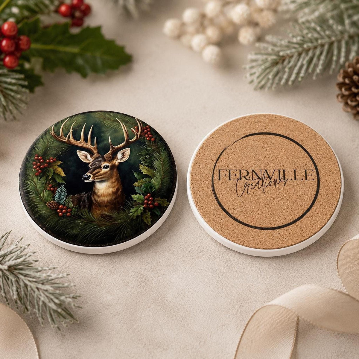 Holiday Deer Coaster, Ceramic Christmas Desk Decor with Cork Backing