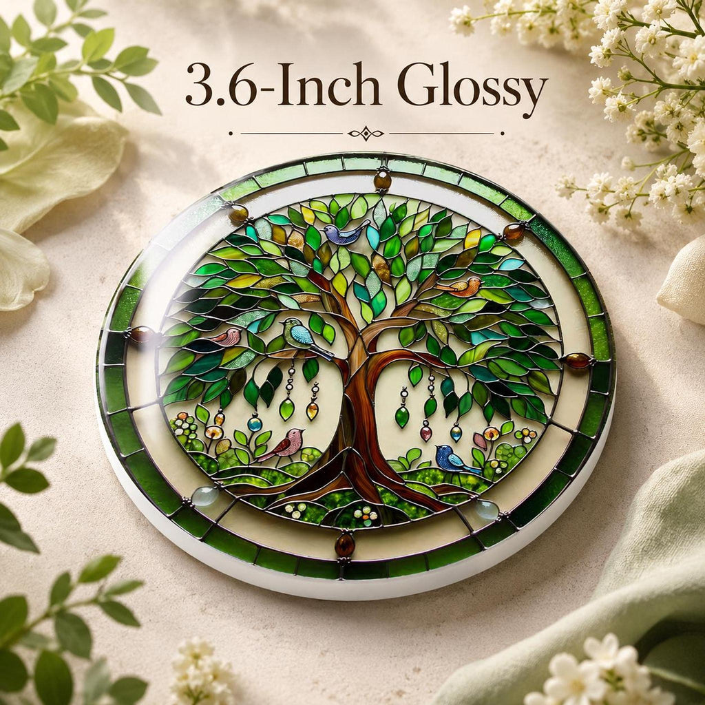 Tree Of Life Ceramic Coaster, Botanical Bird Design with Glossy or Matte Finish