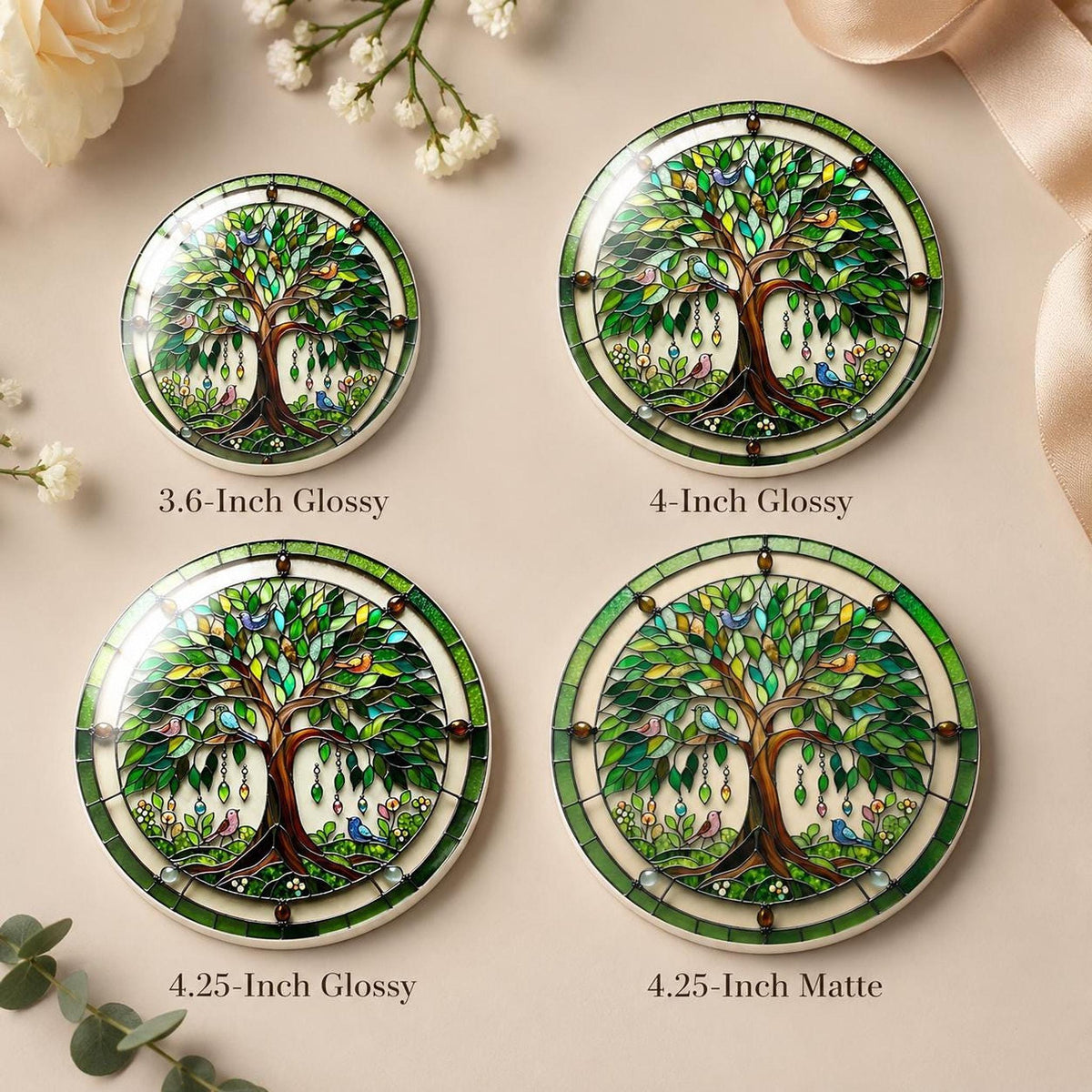 Tree Of Life Ceramic Coaster, Botanical Bird Design with Glossy or Matte Finish