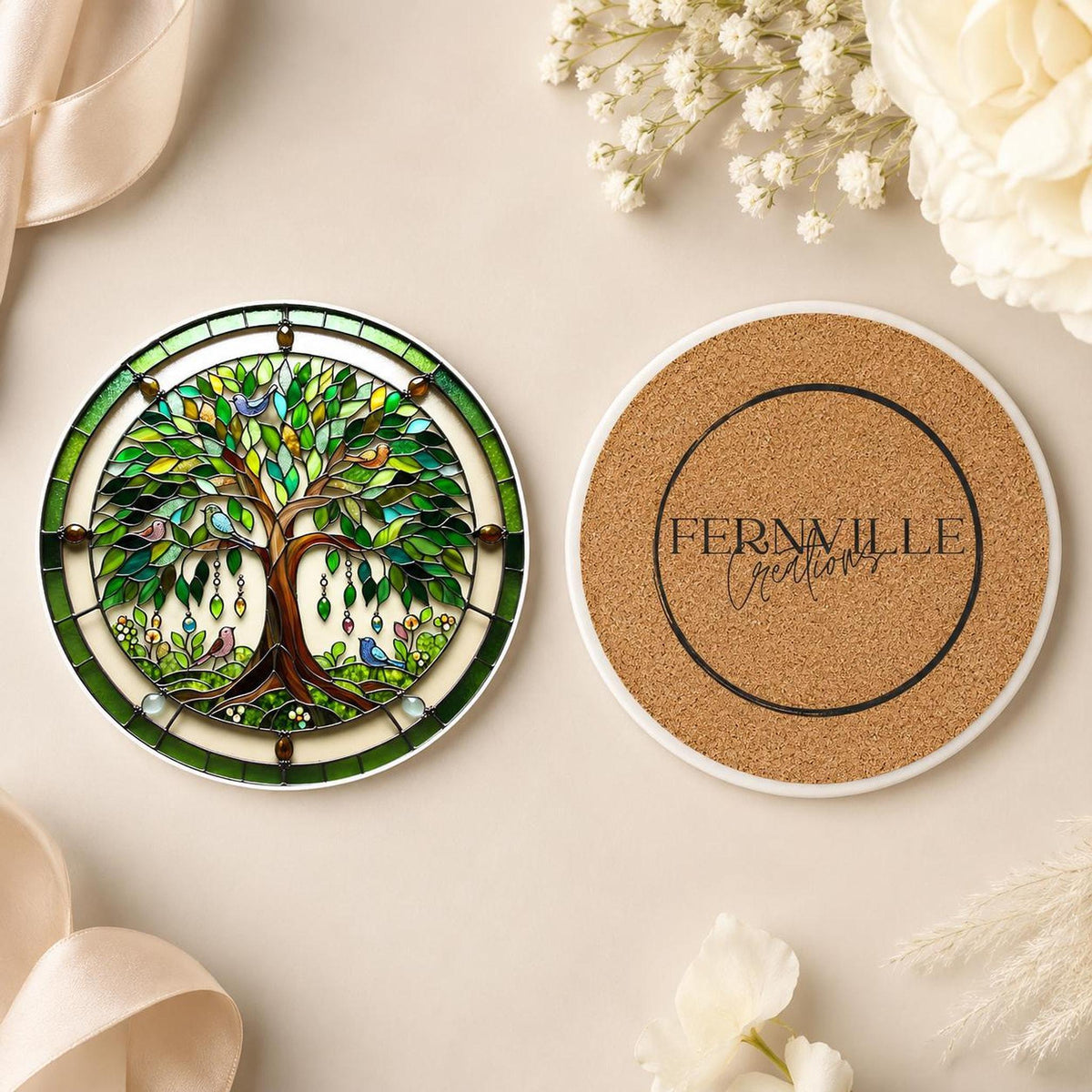 Tree Of Life Ceramic Coaster, Botanical Bird Design with Glossy or Matte Finish