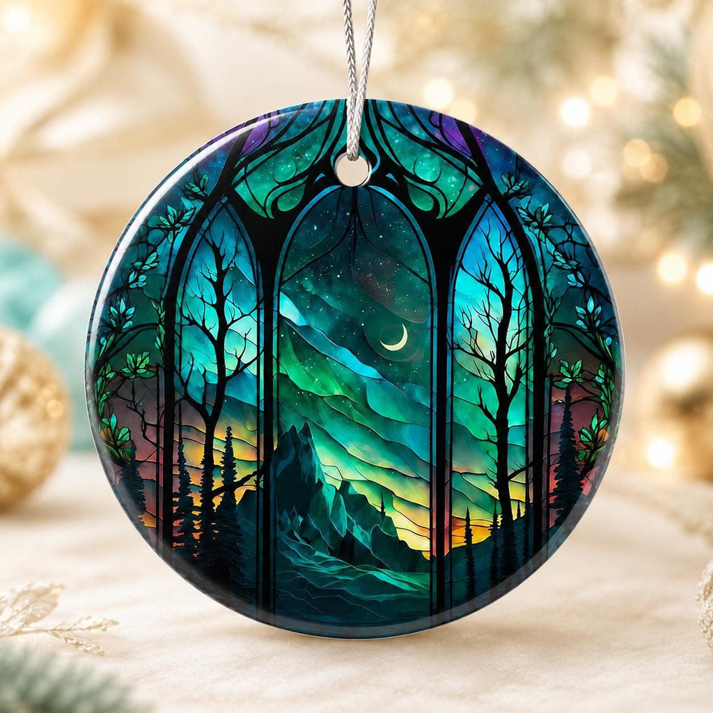 Aurora Ornament, Northern Lights Ceramic Keepsake with Mountain Design