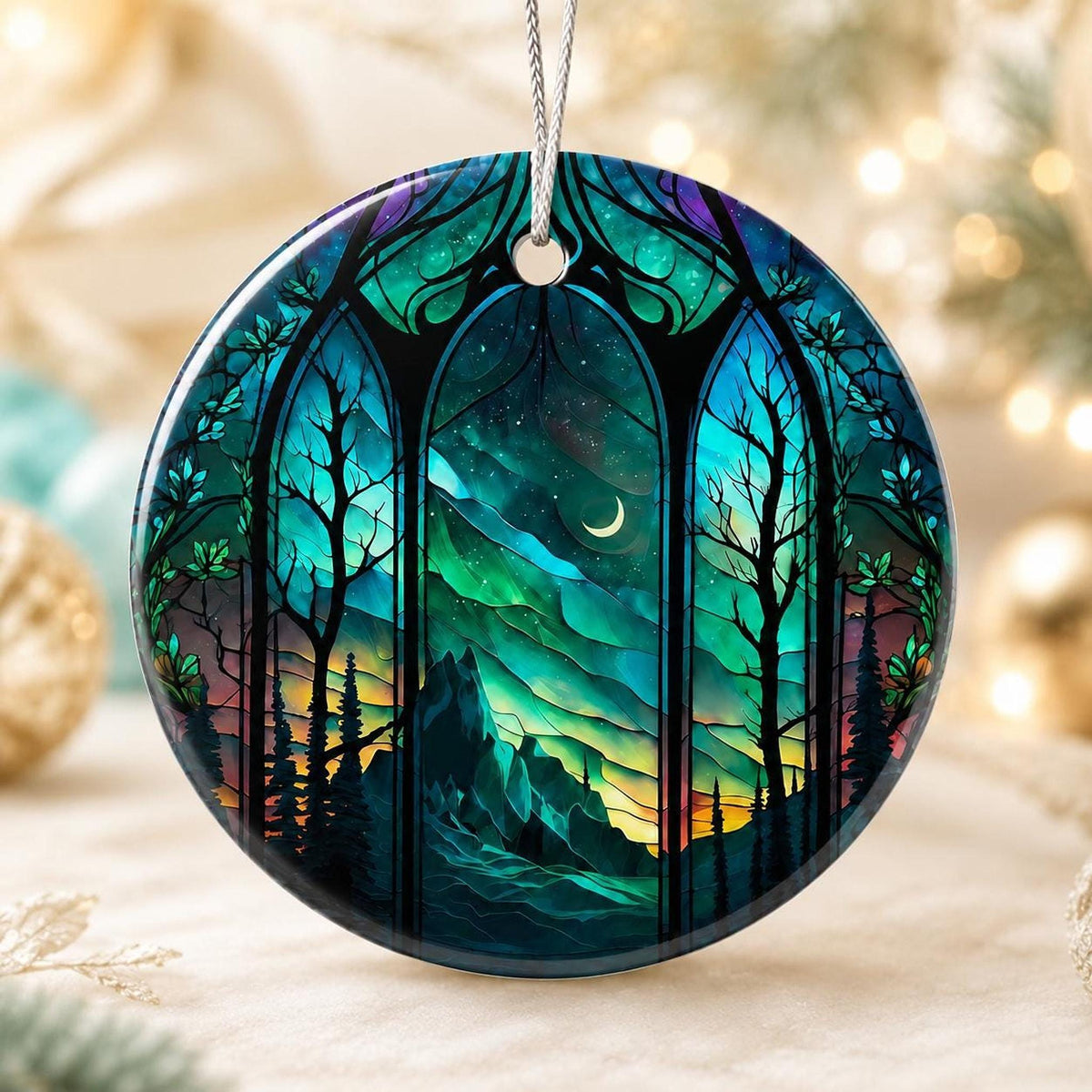 Aurora Ornament, Northern Lights Ceramic Keepsake with Mountain Design