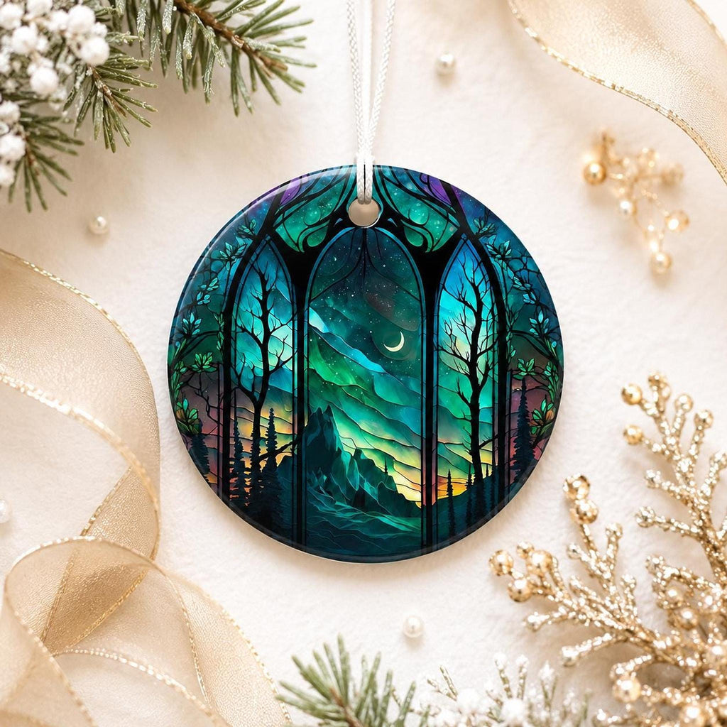 Aurora Ornament, Northern Lights Ceramic Keepsake with Mountain Design