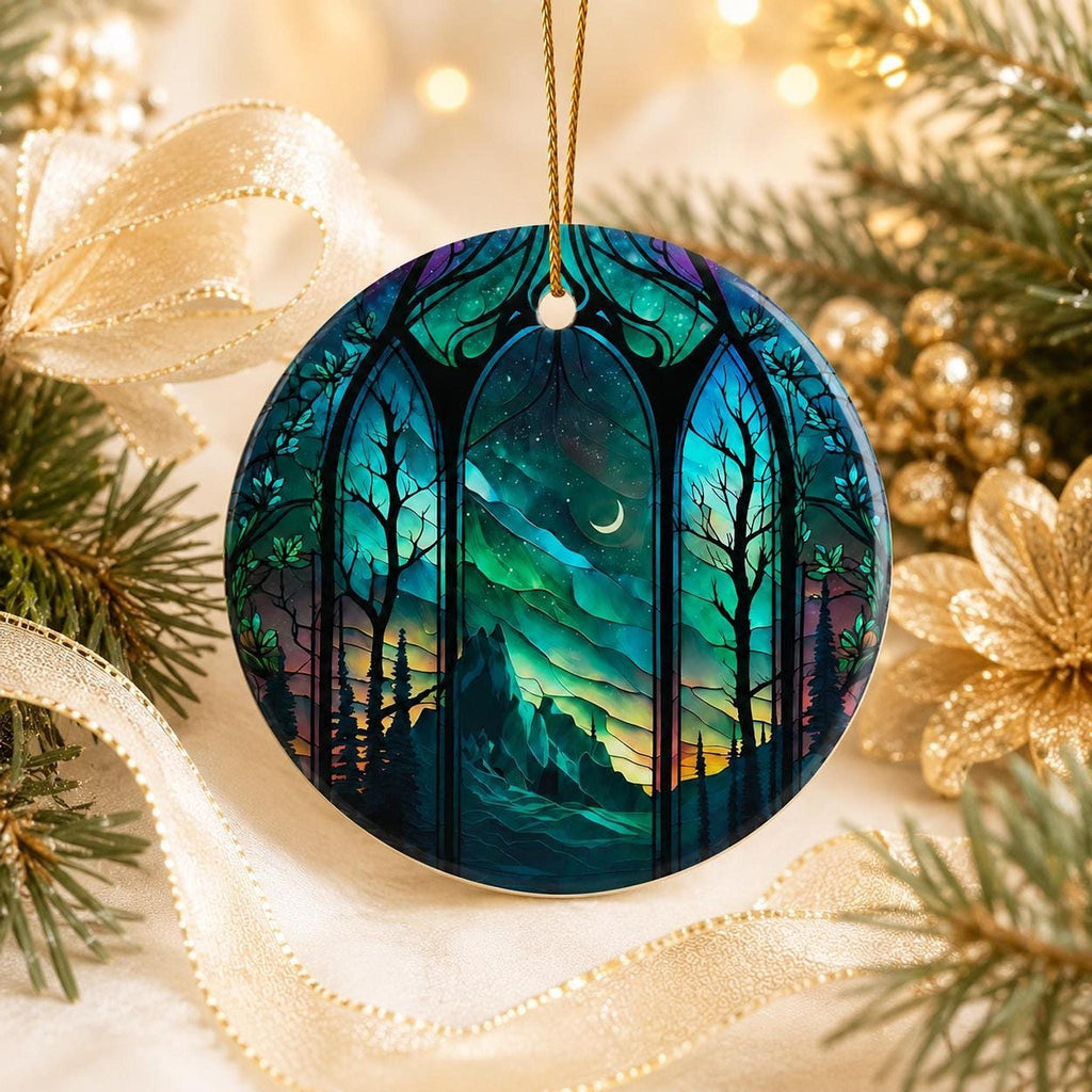 Aurora Ornament, Northern Lights Ceramic Keepsake with Mountain Design