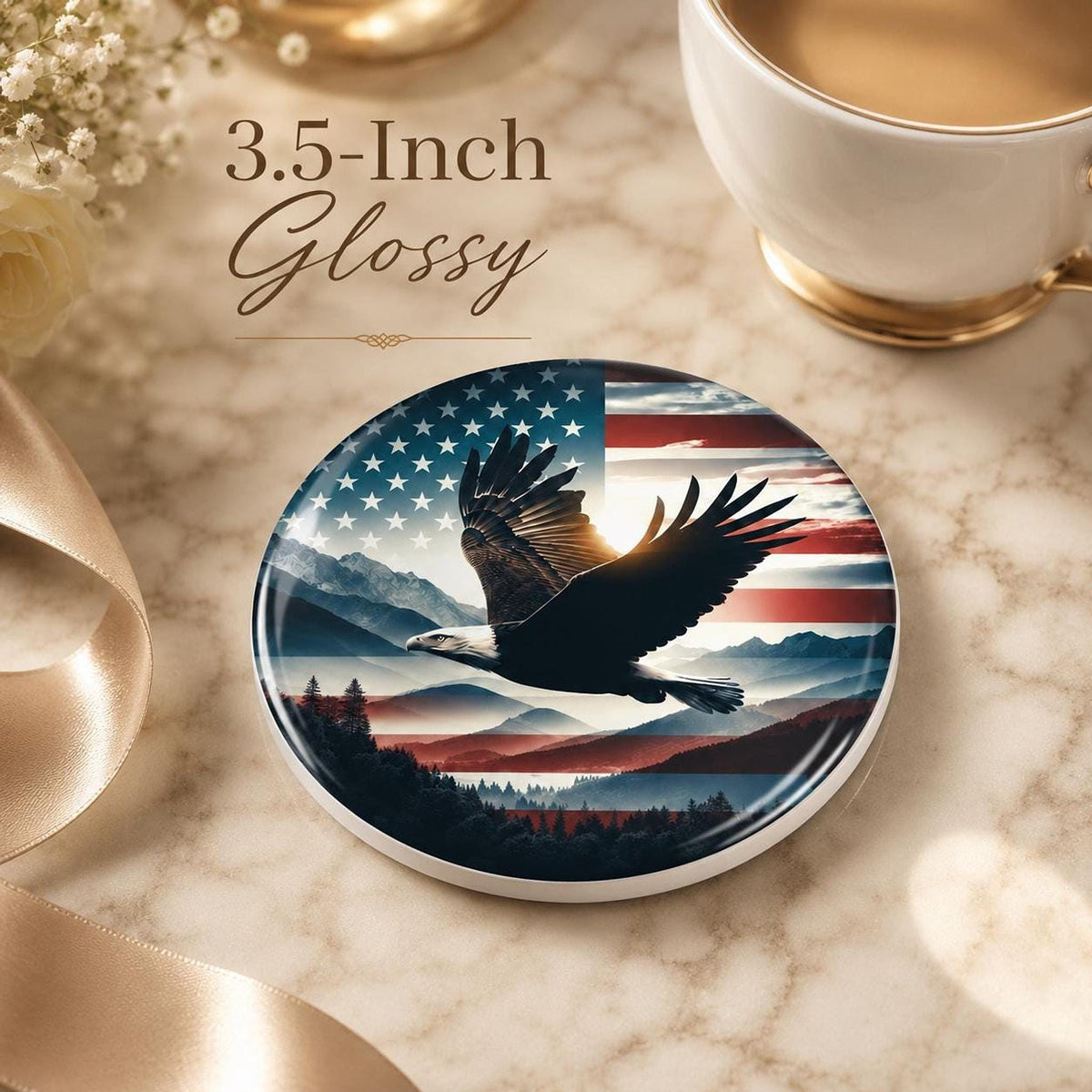 Patriotic Coaster with Eagle Design, American Flag Ceramic Drink