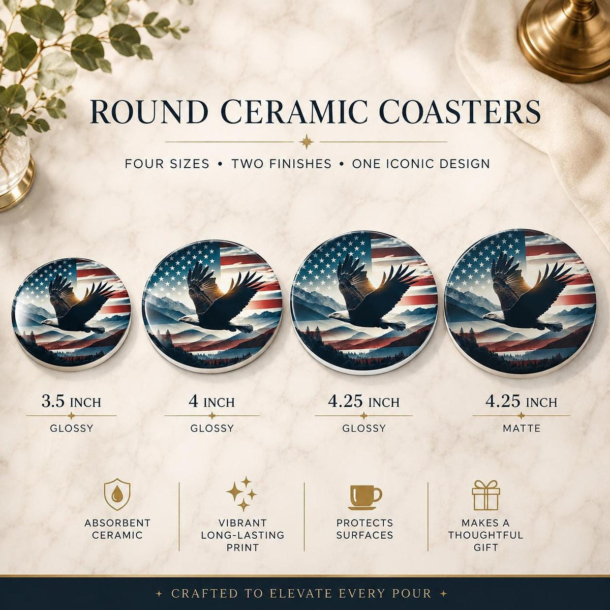 Patriotic Coaster with Eagle Design, American Flag Ceramic Drink