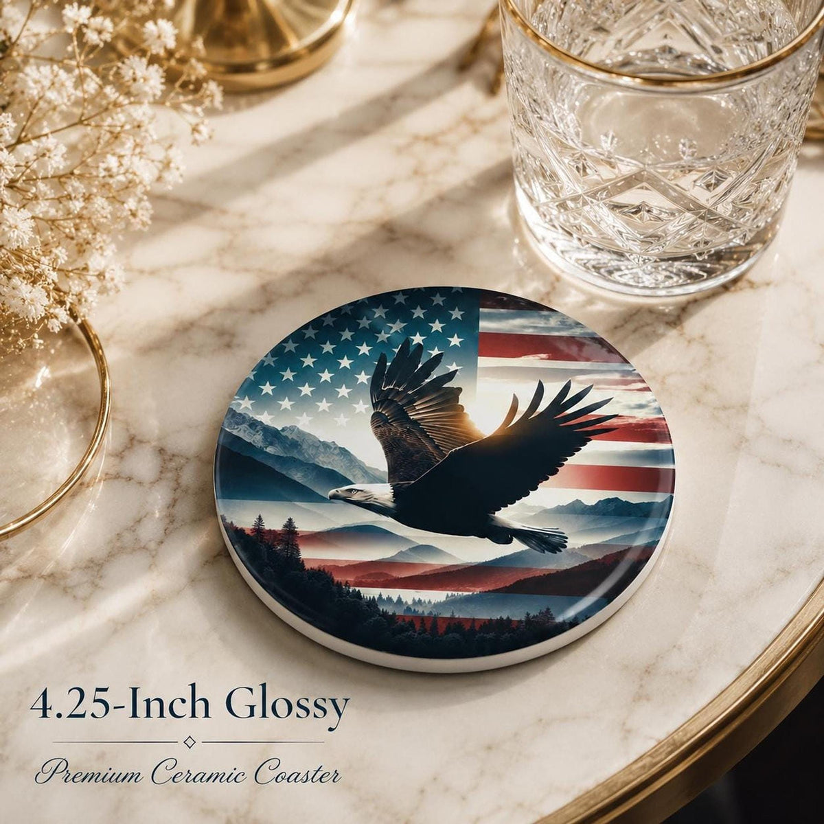 Patriotic Coaster with Eagle Design, American Flag Ceramic Drink