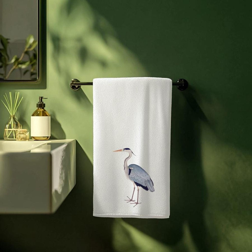Blue Heron Towel, Elegant Bird Design on Soft Cotton Terrycloth