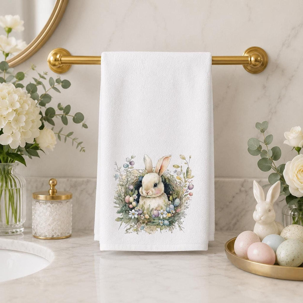 Easter Hand Towel with Bunny and Botanical Wreath, Spring Decor