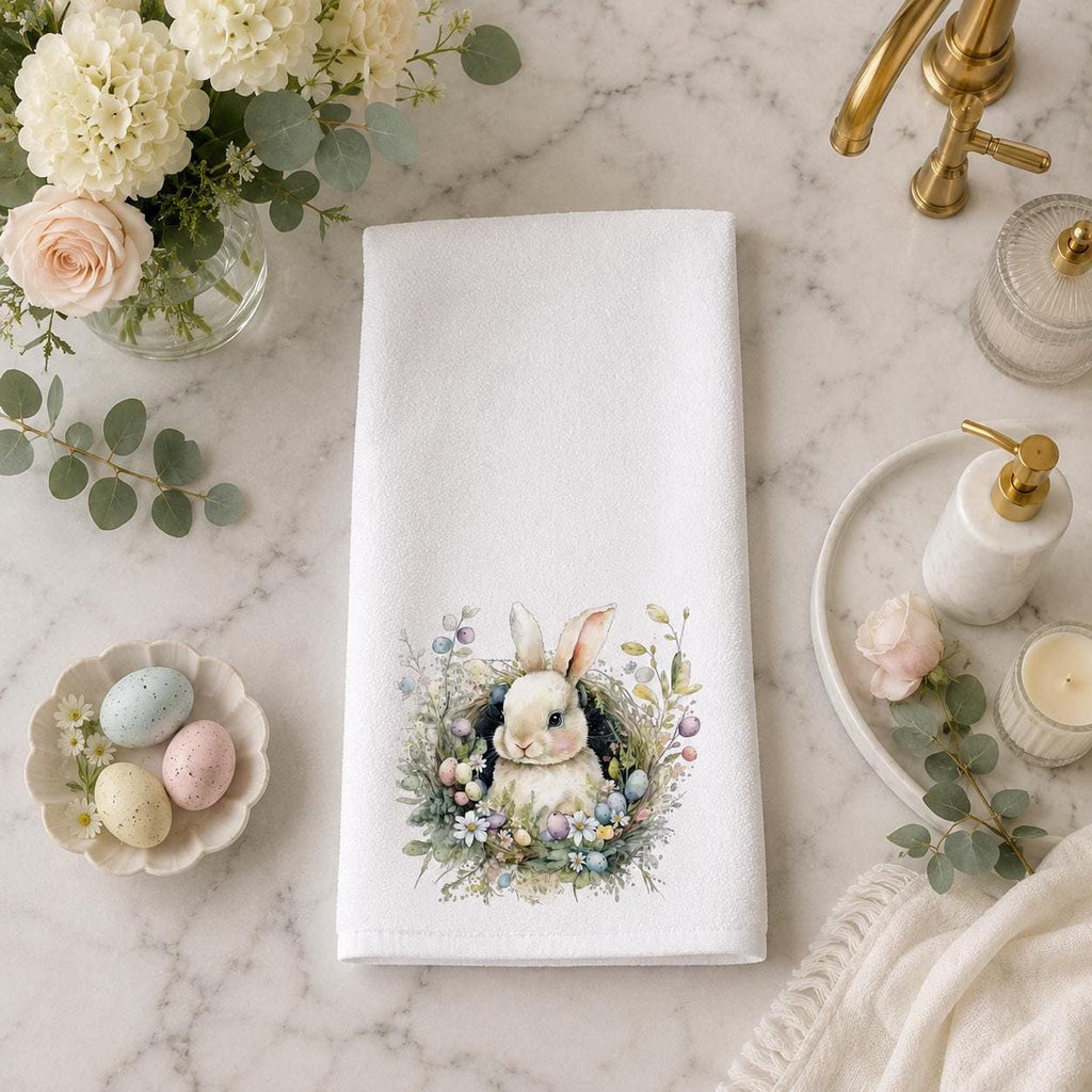 Easter Hand Towel with Bunny and Botanical Wreath, Spring Decor