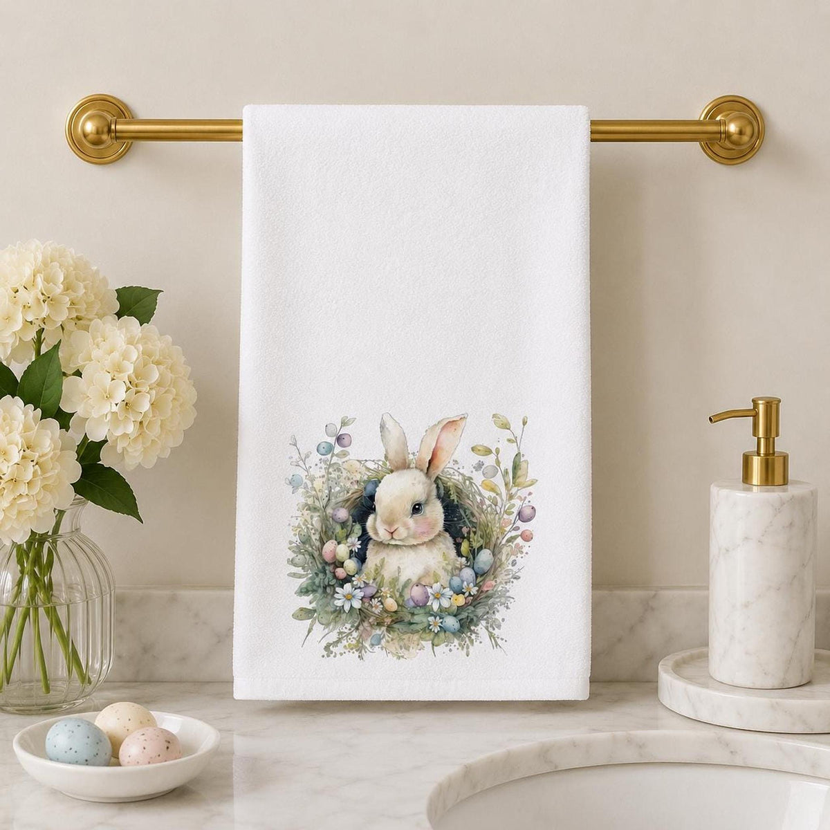 Easter Hand Towel with Bunny and Botanical Wreath, Spring Decor