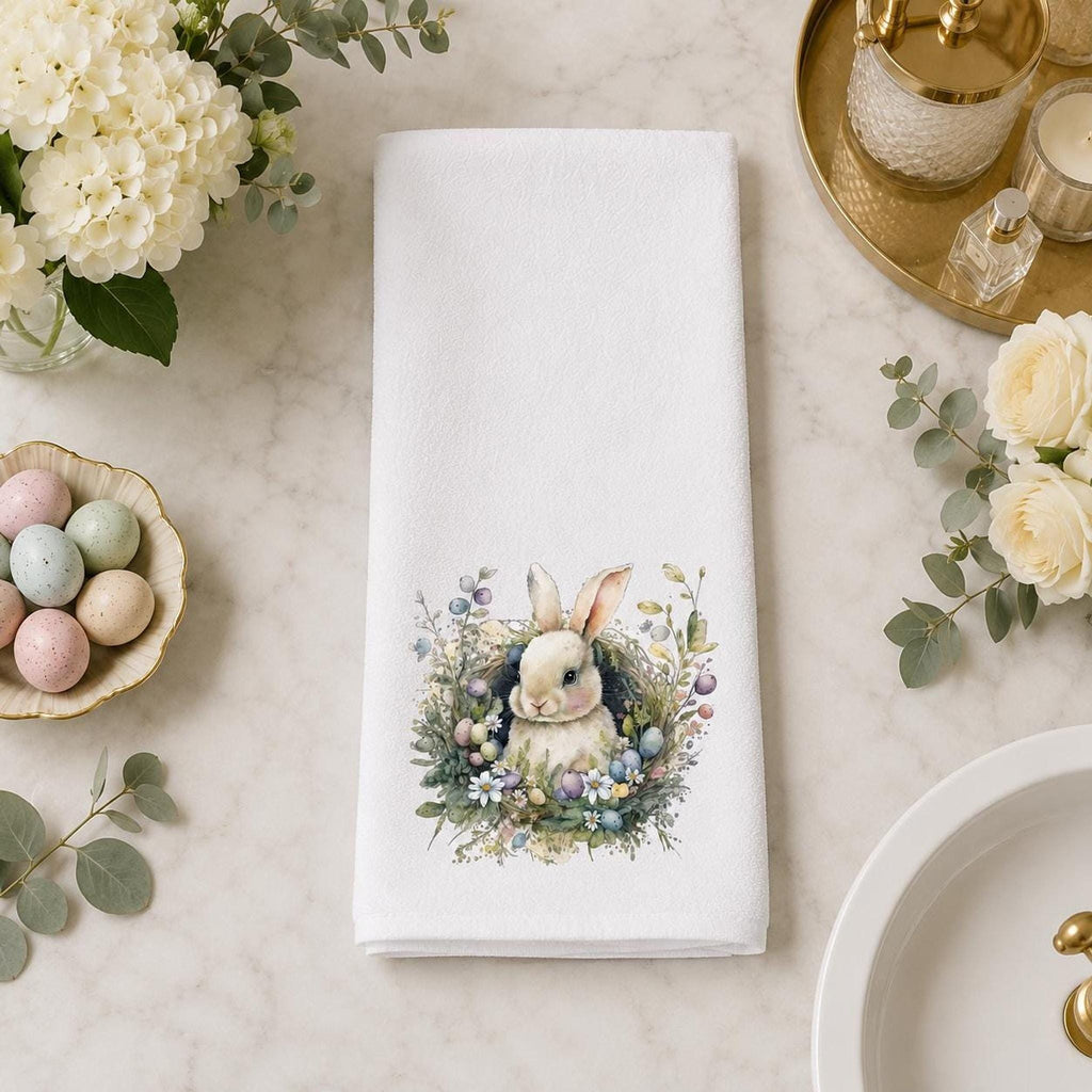 Easter Hand Towel with Bunny and Botanical Wreath, Spring Decor