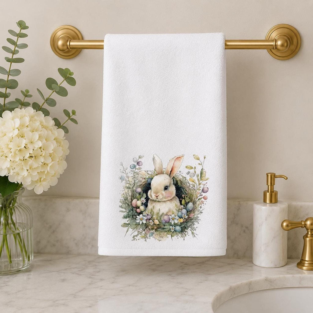 Easter Hand Towel with Bunny and Botanical Wreath, Spring Decor