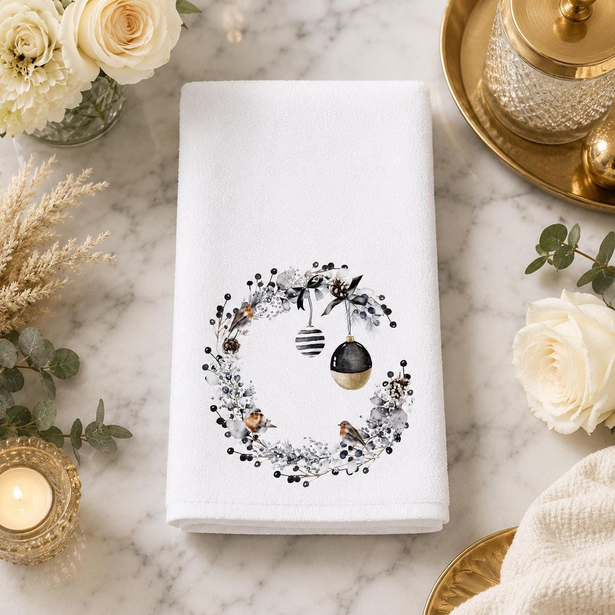Christmas Hand Towel with Black and Gold Wreath, Winter Bird Bathroom Decor