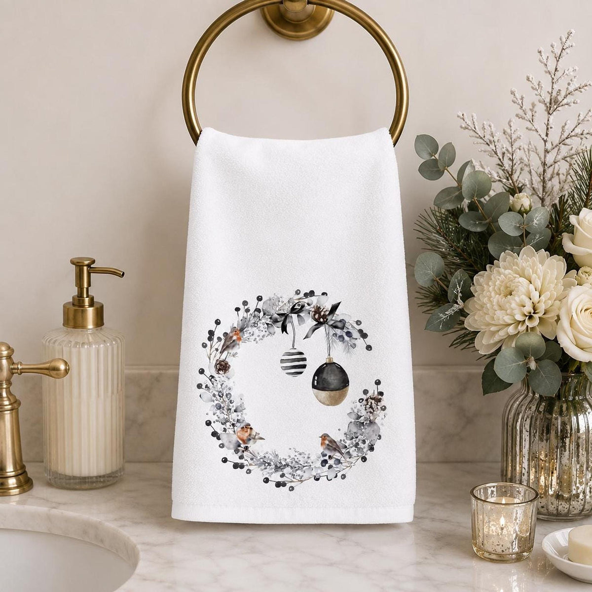Christmas Hand Towel with Black and Gold Wreath, Winter Bird Bathroom Decor
