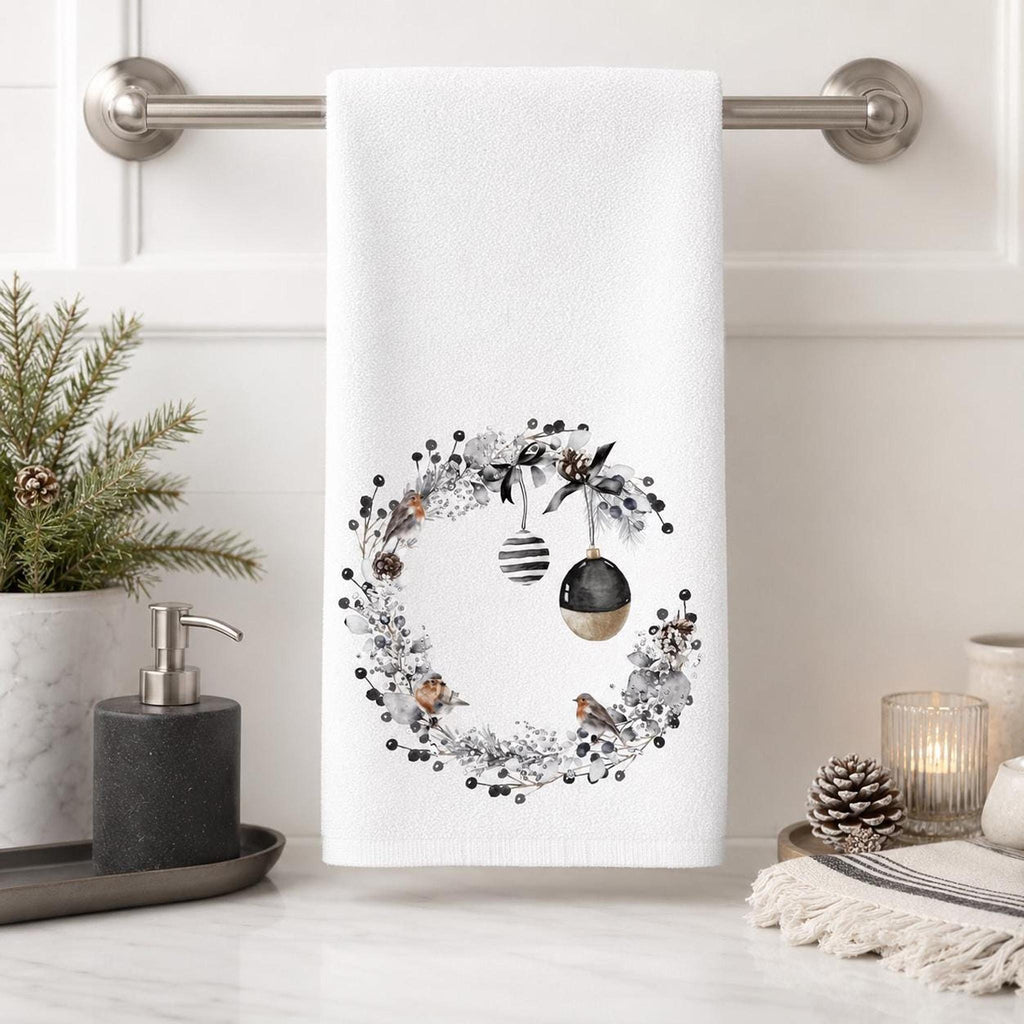 Christmas Hand Towel with Black and Gold Wreath, Winter Bird Bathroom Decor