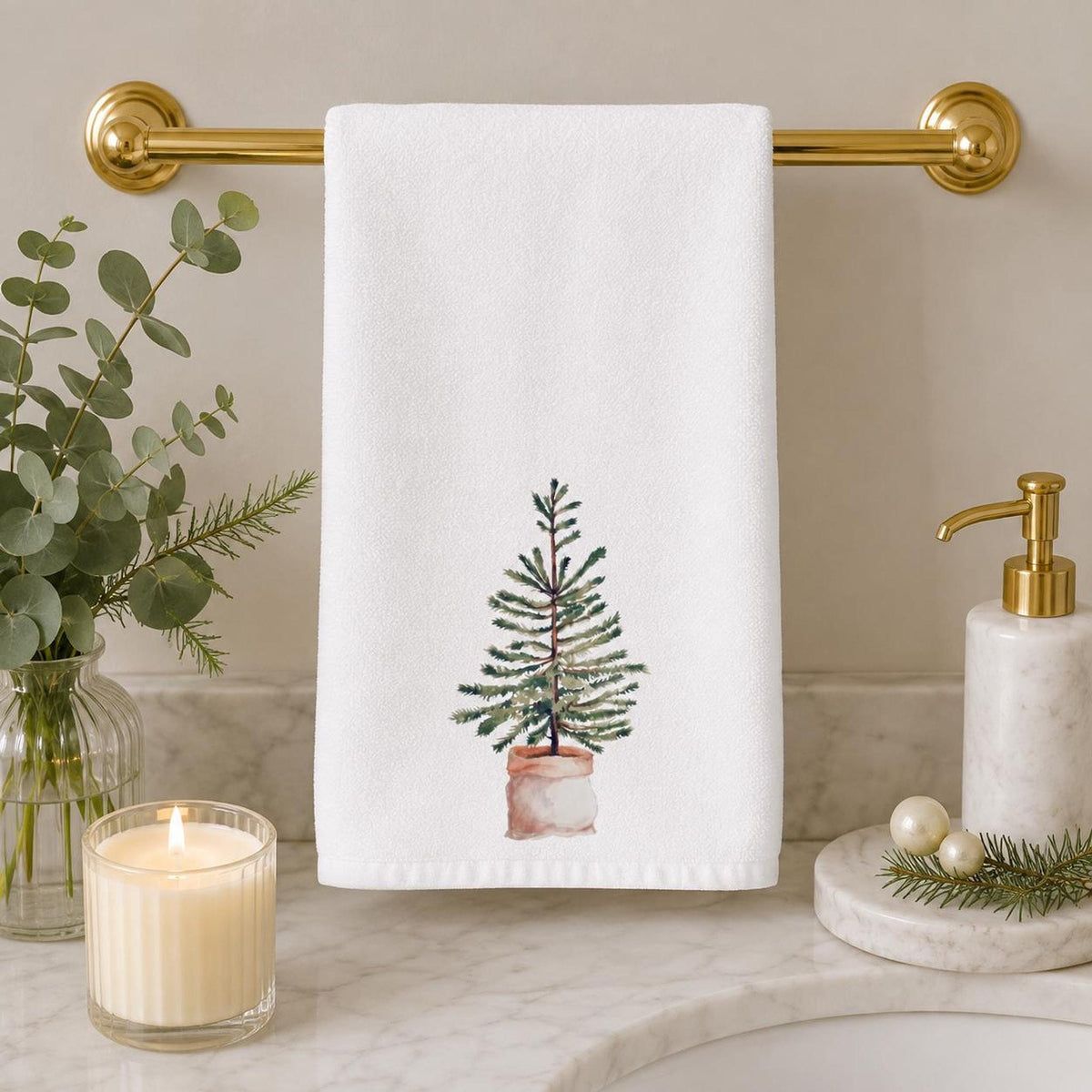 Christmas Hand Towel with Watercolor Evergreen Tree, Rustic Holiday Decor