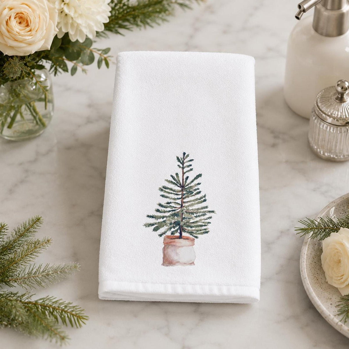 Christmas Hand Towel with Watercolor Evergreen Tree, Rustic Holiday Decor