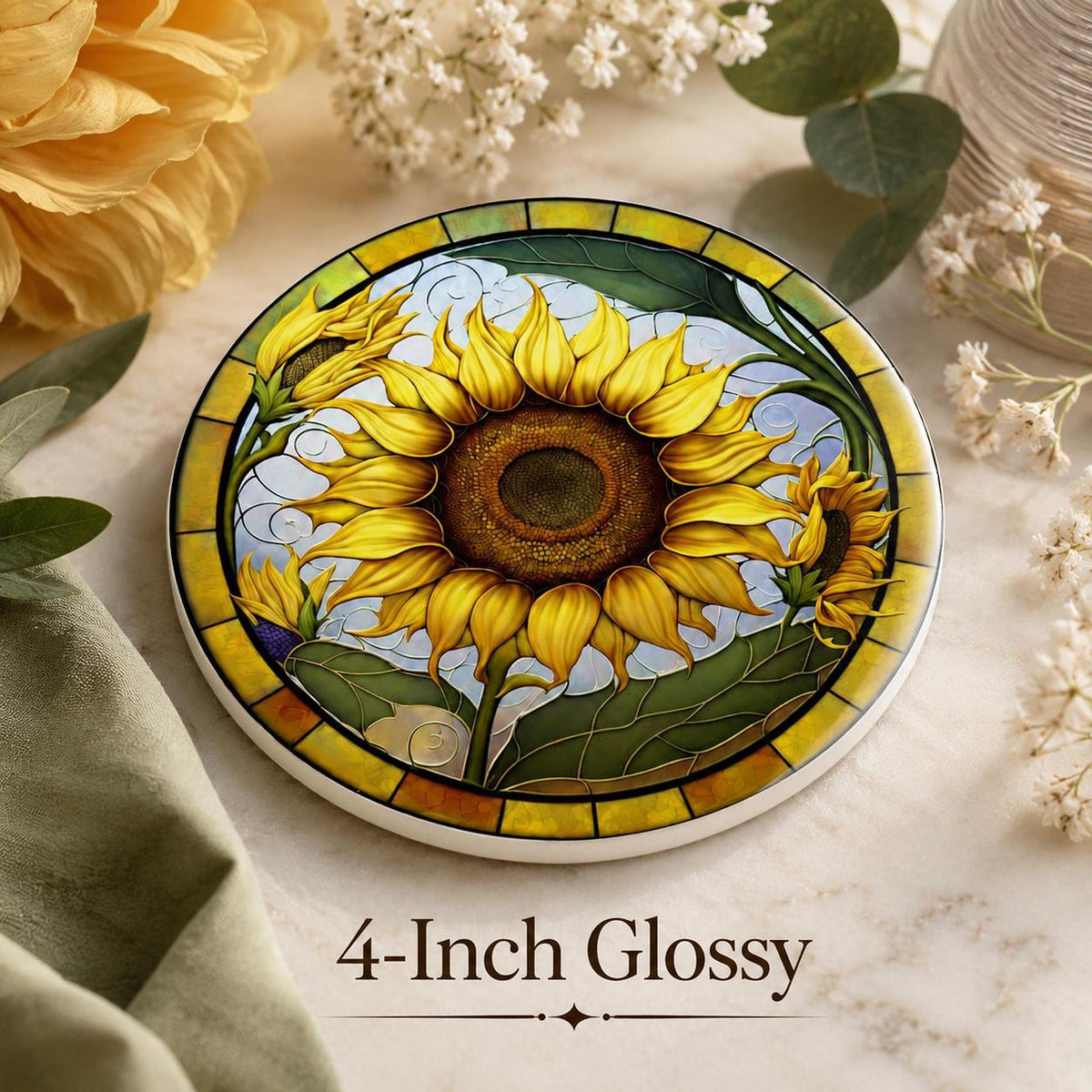 Sunflower Coaster, Round Ceramic Mat with Bright Botanical Design