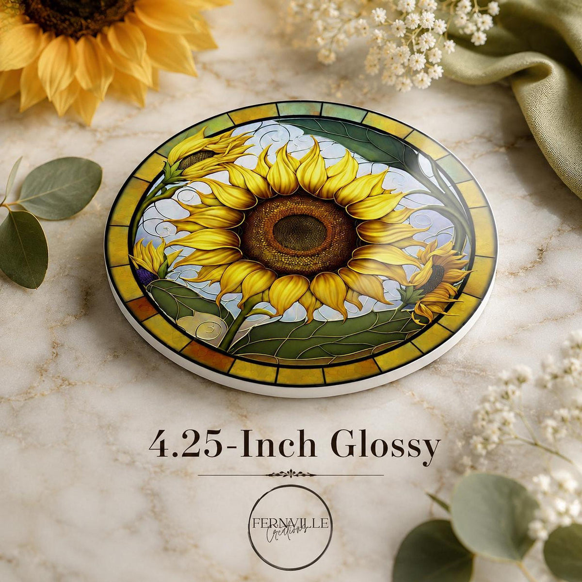 Sunflower Coaster, Round Ceramic Mat with Bright Botanical Design