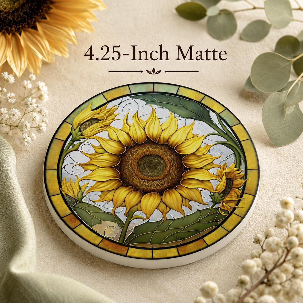 Sunflower Coaster, Round Ceramic Mat with Bright Botanical Design