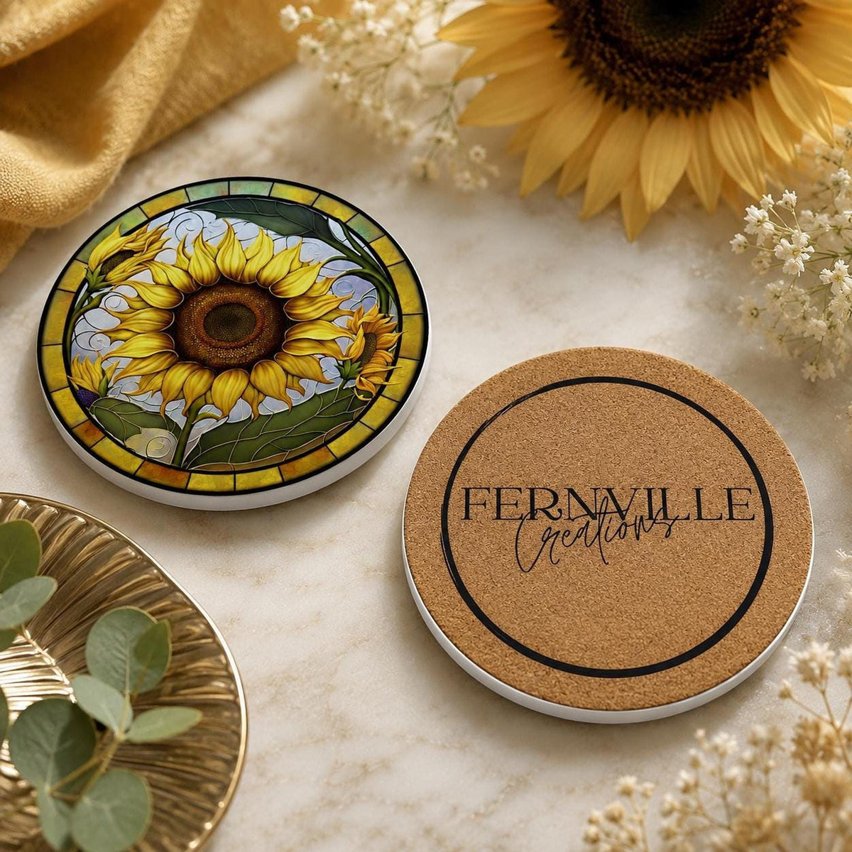 Sunflower Coaster, Round Ceramic Mat with Bright Botanical Design