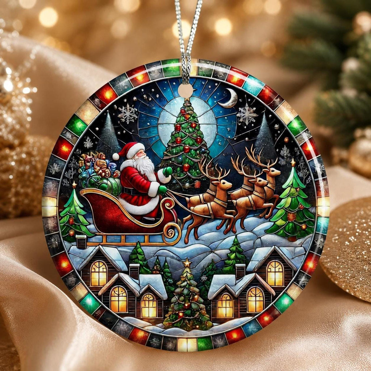 Sleigh Ornament, Vintage Ceramic Keepsake with Santa and Reindeer