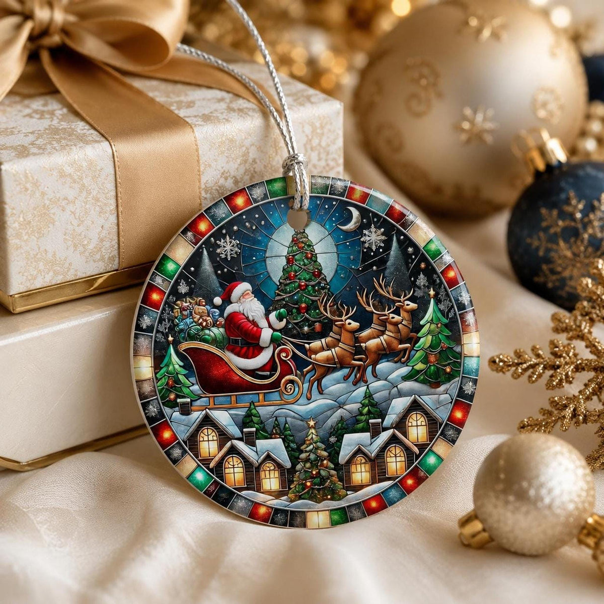 Sleigh Ornament, Vintage Ceramic Keepsake with Santa and Reindeer