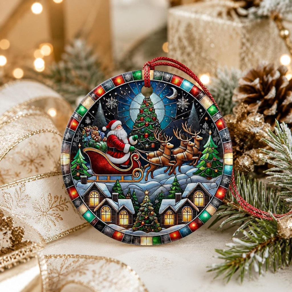 Sleigh Ornament, Vintage Ceramic Keepsake with Santa and Reindeer